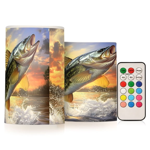 Large Mouth Bass Jumping Flickering Flameless Candles Battery Operated with Remote Timer LED Pillar Candles Set of 2