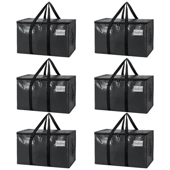 Large Moving Bags, 6 Pack Black Heavy Duty Totes for Storagewith Visible Labels , Wrap Around Handles, Storage for Space Saving, Change of seasons Alternative to Boxes Back to school