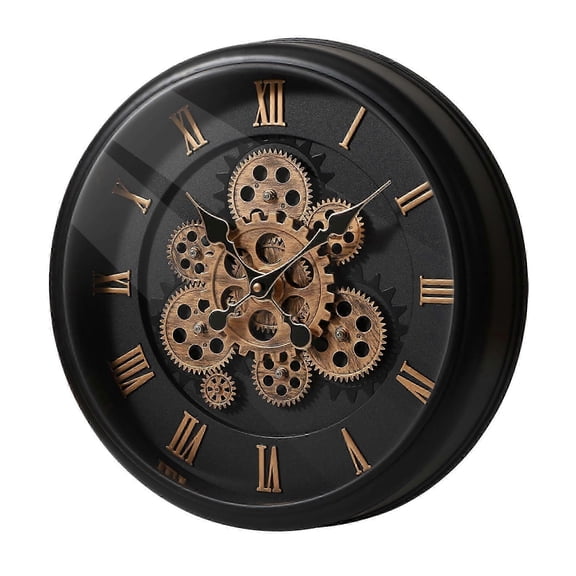 Large Moving Gear Wall Clock 16 Inch Vintage Mechanical Battery Operated Industrial Black Roman Numeral Steampunk Decor
