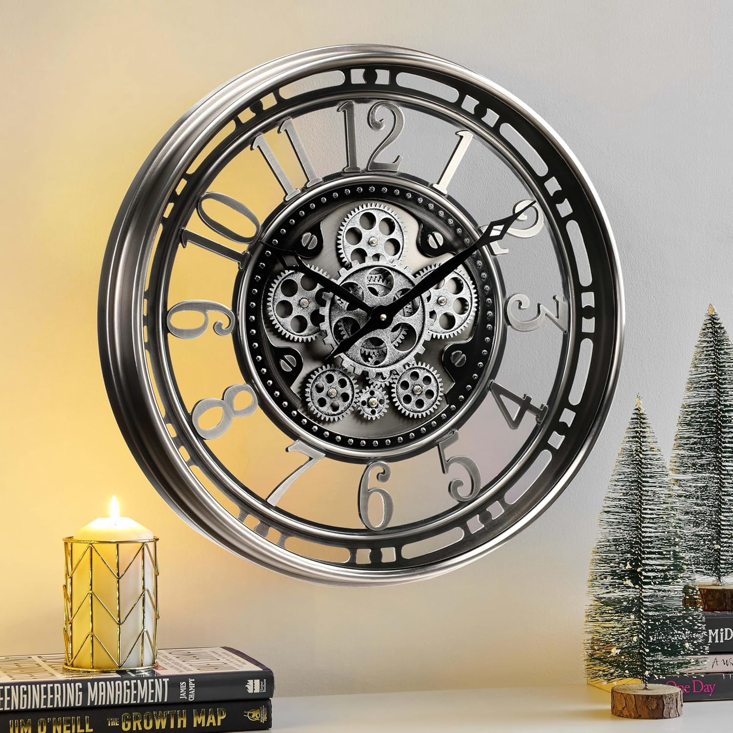 24 Inch Large Wall Clock 24 Inch - Vintage Industrial Steampunk Decor For  Living Room \u0026 Office Moving Gears Wall Clock, image size:1500x1500