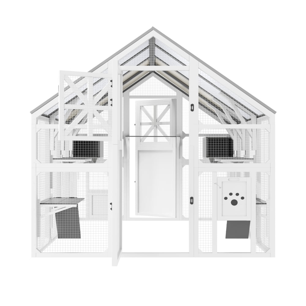 Large Multi-Cat Outdoor Walk-In Catio Pet Enclosure, Waterproof PVC Roof Play Cage with Climbing Platforms, Resting Boxes and Connecting Bridges
