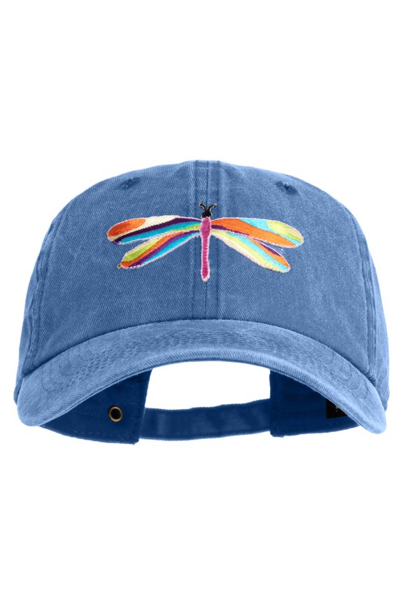 Large Multi-Colored Dragonfly Iron on Embroidery Patched Unstructured Pigment Dyed Cotton Cap - Blue OSFM