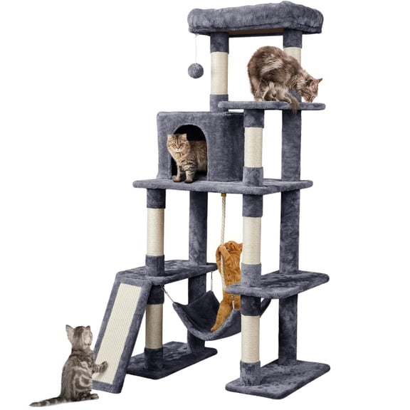 Large Multi-Level Cat Tree, 63 Inches Tall with Sisal Scching Posts, Cozy Condo, Hammock, Dangling Ball, Extended Platform for Indoor Cats to Play, Sleep, and Climb, Gray