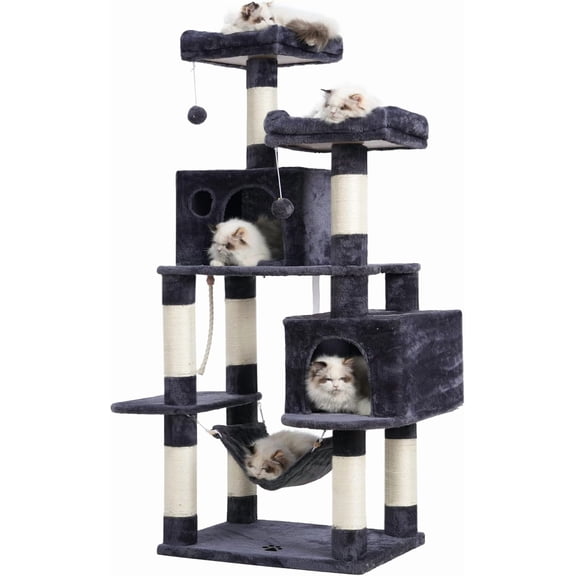 Large Multi-Level Cat Tree Condo Furniture with Sisal-Covered Scratching Posts, Two Bigger Plush Condos, Perch Hammock for Kittens and Cats, Light Gray