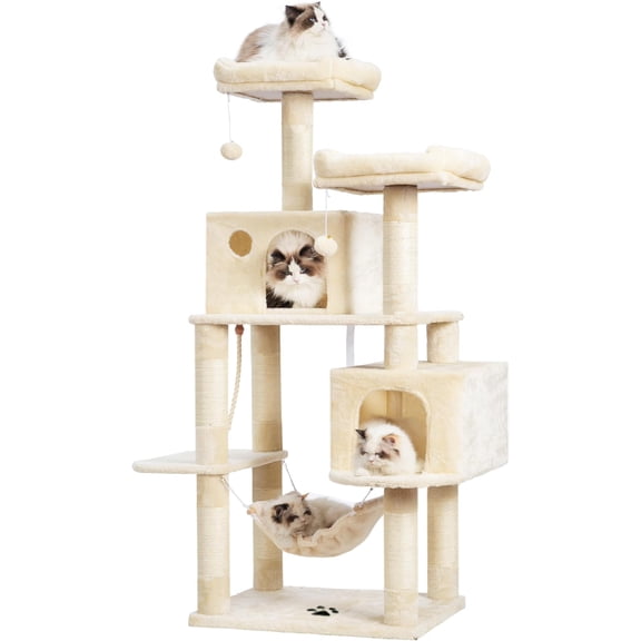 Large Multi-Level Tree Condo Furniture with Sisal-Covered Posts, 2 Bigger Plush Condos, Perch Hammock for Kittens, Cats and Pets Beige MPJ020M