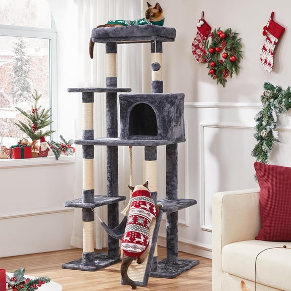 Large Multi-Level Tree with Sisal Posts, Hammock, Dangling Ball, and Platform for Cats - Dog Bed