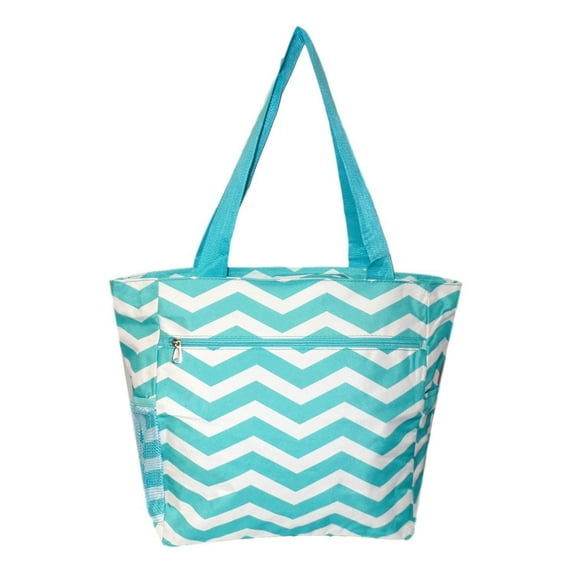 Large Multi - Pocket Fashion Zipper Top Beach Bag Tote - Custom Embroidery Available Aqua Chevron