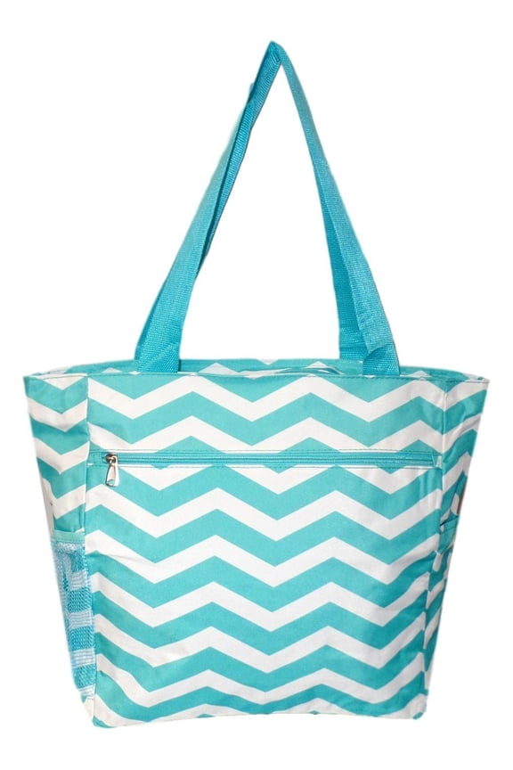 Large Multi - Pocket Fashion Zipper Top Beach Bag Tote - Custom Embroidery Available Aqua Chevron