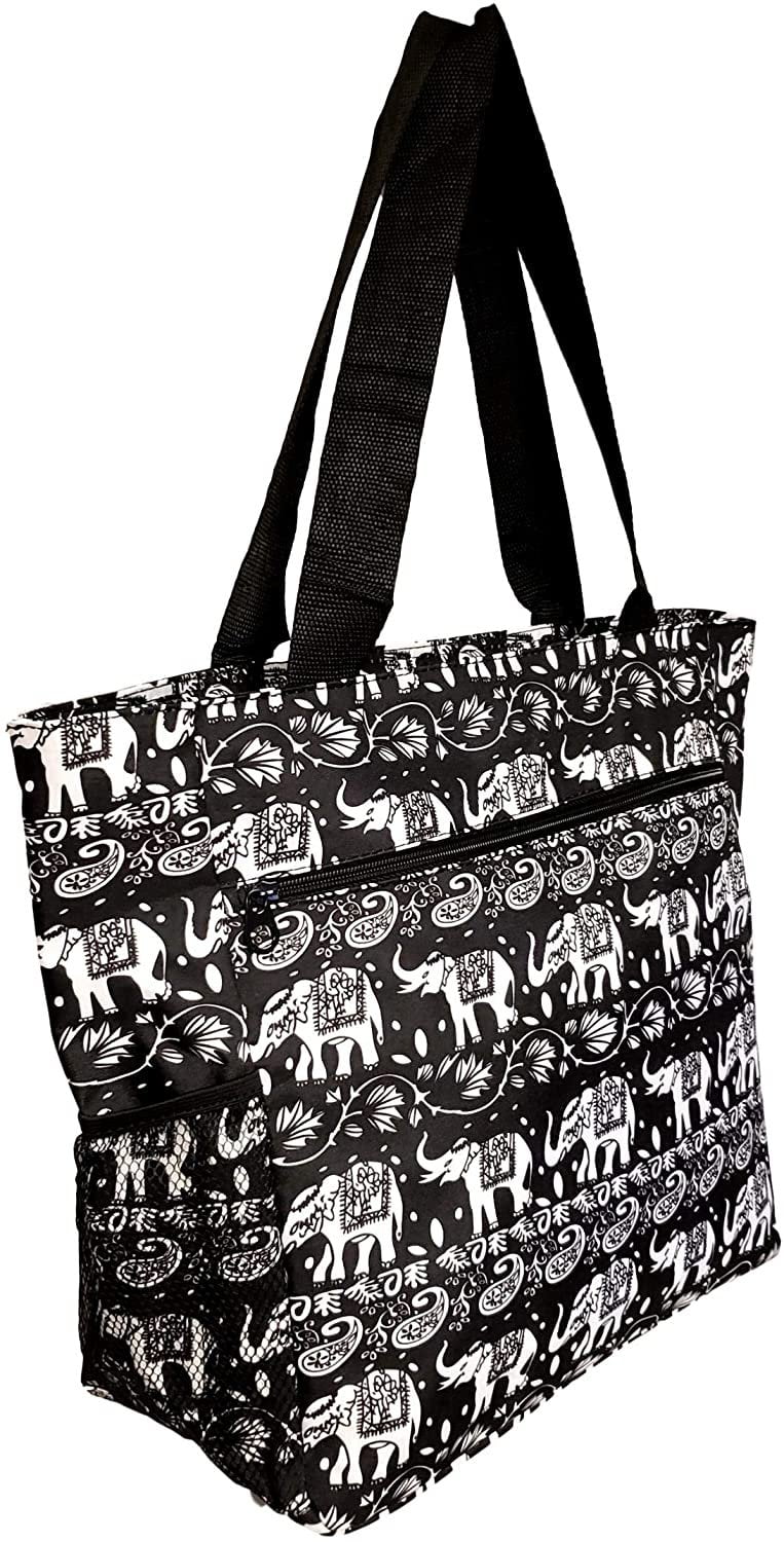 Large Multi Pocket Fashion Zipper Top Beach Bag Tote Custom Embroidery Available Black