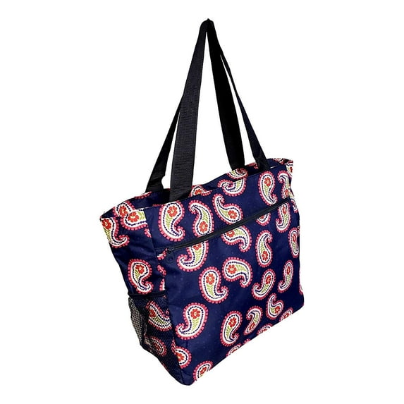 Large Multi - Pocket Fashion Zipper Top Beach Bag Tote - Custom Embroidery Available Navy Paisley