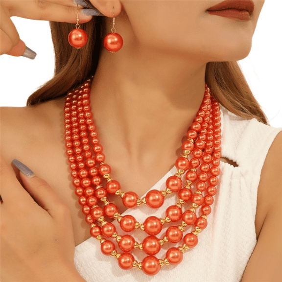 Large Multi Strand Chunky Imitation Pearls Necklace and Earring Set Costume Jewelry for Women good gift Party Wedding New Year
