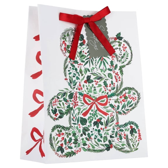 Large Multicolor Greenery Teddy Bear Christmas Paper Gift Bag, 10" x 4.5" x 12.75", by Holiday Time
