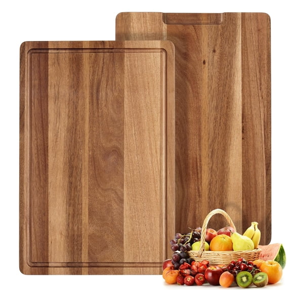 Large Natural Acacia Wood Cutting Board for Kitchen, 18x12 Inch Reversible Butcher Block Chopping Board with Deep Juice Groove and Side Handles, Ideal for Meat, Vegetables & Cheese, Natural