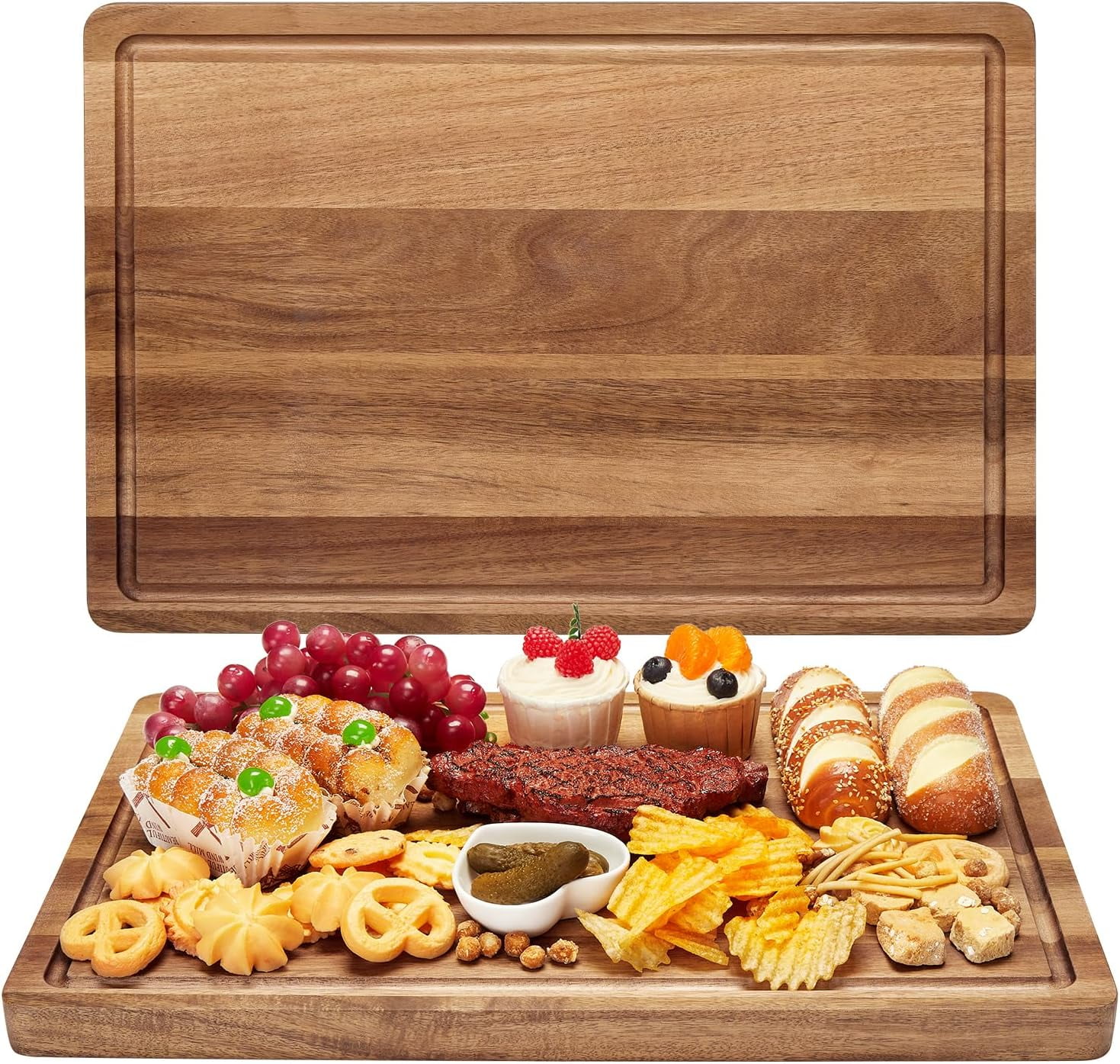 Large Natural Acacia Wood Cutting Board for Kitchen, 18x12" Reversible Butcher Block Chopping Board with Deep Juice Groove and Side Handles, Ideal for Meat, Vegetables & Cheese, Natural