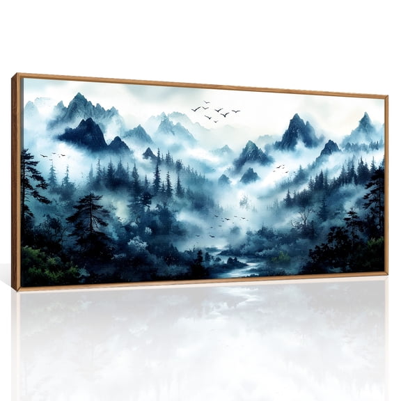 Large Natural Blue Mountain Scenery Canvas Wall Art Framed Foggy Pine Tree Forest Wall Deocor Woodland Artworks for Livingroom Bedroom Office 20X40In