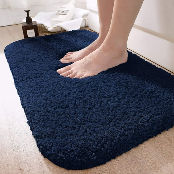 Large Navy Bathroom Rugs, 24"×60" Absorbent Shaggy Shower Mat, Microfiber Bath Mats for Bathroom, Luxury Bathroom Floor Mats Rubber Back