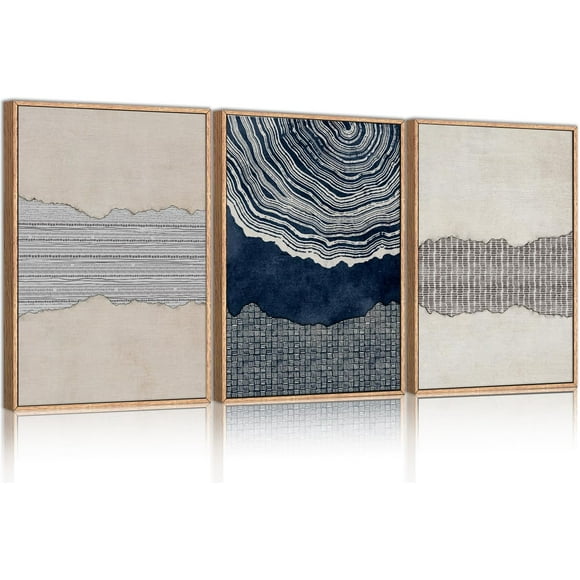 Large Navy Blue Abstract Shapes Framed Canvas Wall Art Set,Modern Tree Rings Wall Decor,Neutral Wooden Artwork for Living Room,Bedroom,Dining Room,Office -16"x24"x3