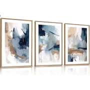 HPNIUB Large Navy Blue Brush Strokes Framed Canvas Wall Art Set,Abstract Neutral Art Painting,Modern Pastel Brown Artwork,Minimalist Shapes Wall Decor for Livin