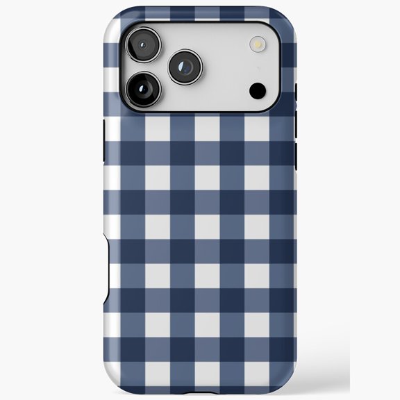Large Navy Blue Gingham Grid Pattern iPhone Case 11 through 17 Pro Max