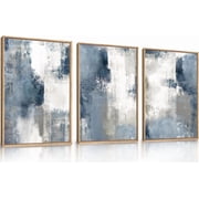 Large Navy Blue and Gray Framed Canvas Wall Art Set,Modern Abstract Wall Decor,Brush Strokes Block Shape Artwork,Minimalist Neutral Blue Printing for Living Roo