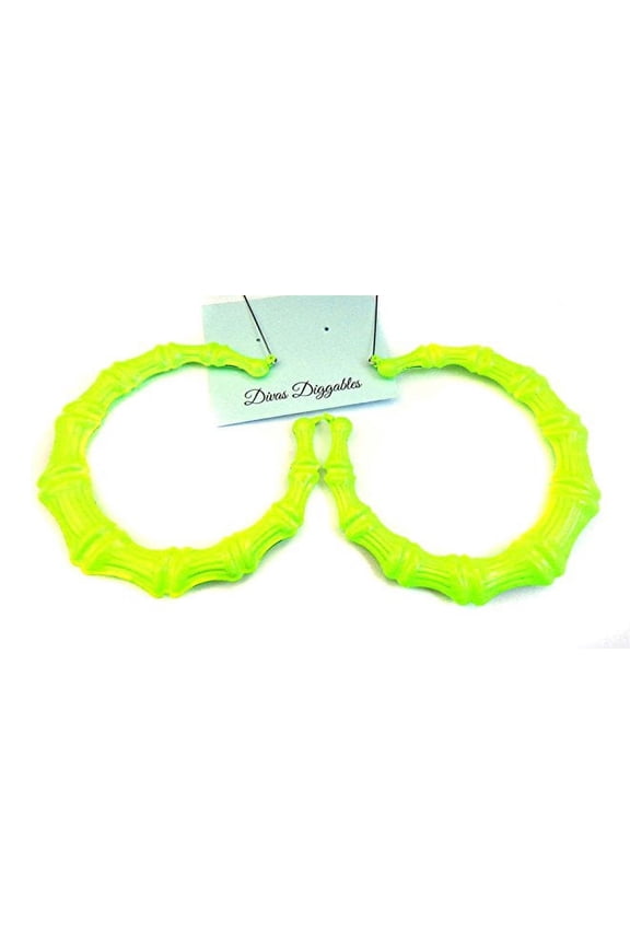 Large Neon Yellow Bamboo Hoop Earrings 3.5 inch