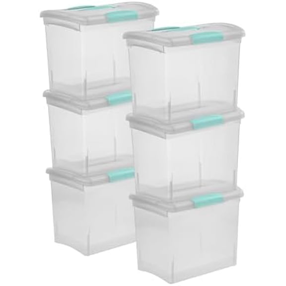 Large Nesting ShowOffs, Stackable Small Storage Bin with Latching Lid and Handle, Plastic Container to Organize Office Files, Clear, 6-Pack
