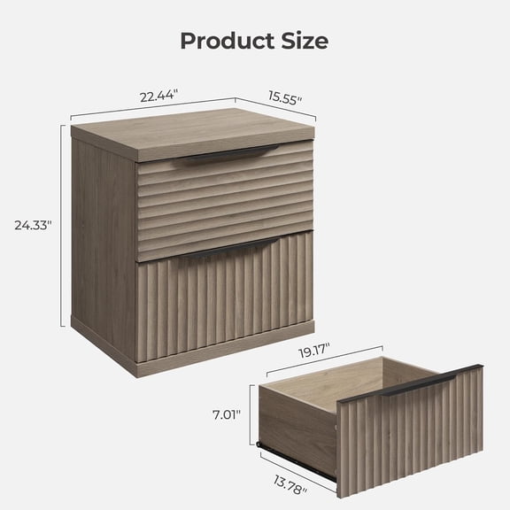 Large Night Stand - 22 Inch Wide Bedside Table with 2 Storage Drawers, Modern Fluted Grey Alder End Table for Bedroom
