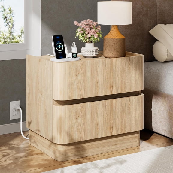 Large Night Stand with Charging Station, Handleless 2 Drawer Nightstand with Rounded Corners, Modern Side Table End Table for Bedroom Sofa Ofiice, Natural Oak