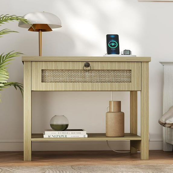 Large Night Stand with Drawers and Open Shelf, Farmhouse Bedroom Nightstand with Charging Station, 27.5" Wide Boho Bedside End Table Rattan Side Table for Bedroom, Small Space