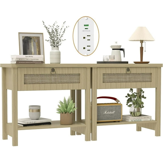 Large Night Stand Set of 2, Bedside Table with Drawers and Open Shelf, Farmhouse Bedroom Nightstand with Charging Station, 27.5" Wide Boho Rattan Side Table for Bedroom, Small Space
