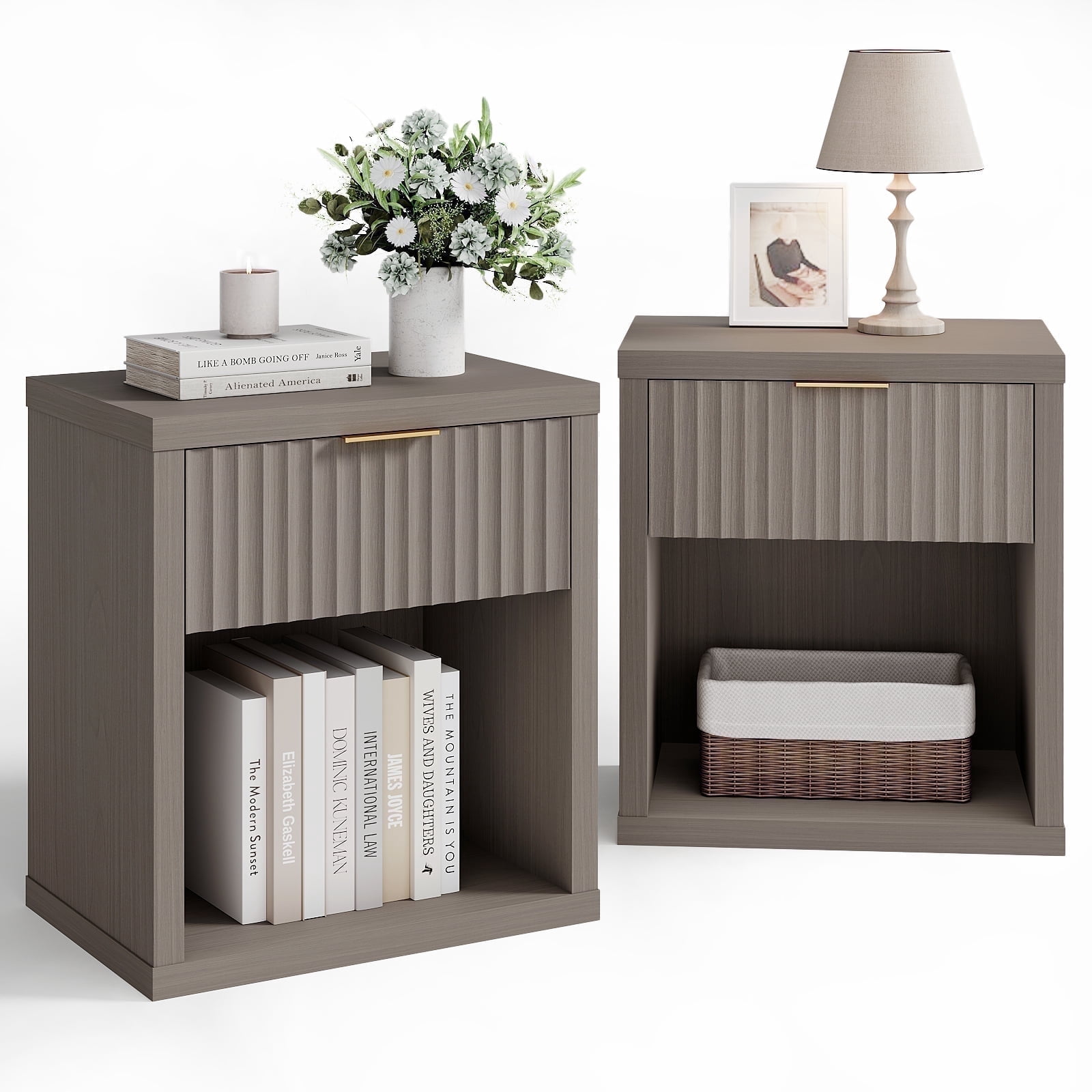 Large Night Stands Set 2: Minimalist Bedside Table with Wavy Design and Storage Drawers for Adults