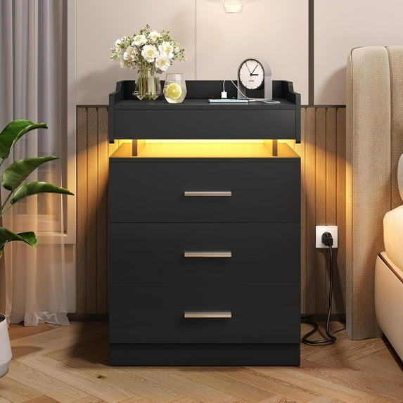 Large Nightstand with Charging Station and LED Lights, Black Night Stand with 3 Drawers and 1 Pull-Out Tray, End Table Side Table with Storage, Modern Bedside Table with Outlets