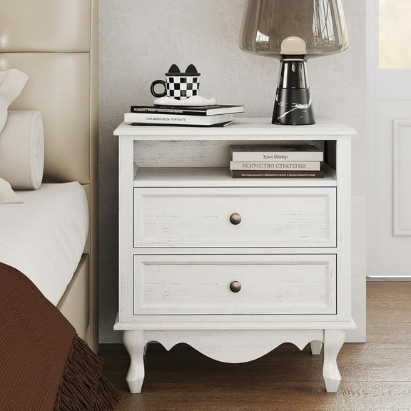 Large Nightstand with Type-C Charging Station, 2 Drawers & Open Shelf Storage, No Assembly Required - Modern Bedside Table for Bedroom, End Table
