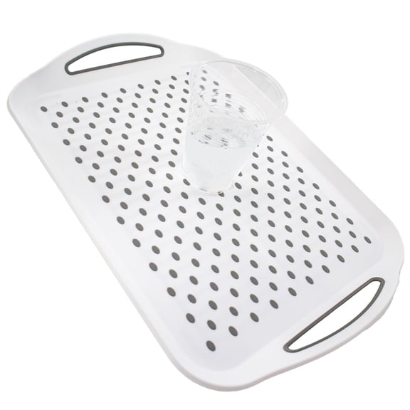 Large Non Slip Serving Tray With Handles - Rubber Silicone Grip Anti Spill Plastic Food Carrying Tray - For TV Dinners, Breakfast, Bed & Lap Serving, Coffee Tables, Parties - White