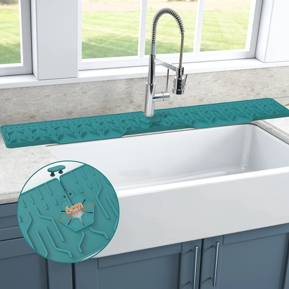 Large Non-Slip Silicone Faucet Splash Pad 34 x 6.1 Inches - Kitchen & Bathroom Countertop Mat with Anti-Splash Surface and 5 Slope Drainage Design - Easy Clean Foldable Sink Protector