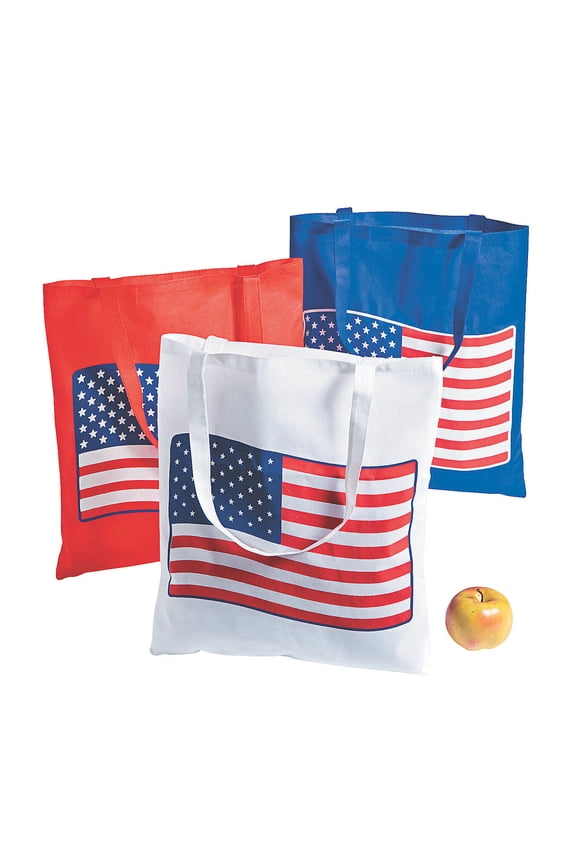 Fun Express - (lg) NoN-Woven Patriotic Flag Tote Bags for Fourth of July - Apparel Accessories - Totes - Novelty Totes - Fourth of July - 12 Pieces