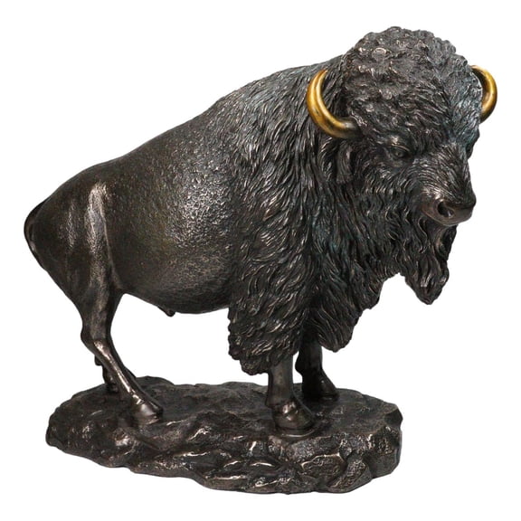 Large North American Open Grassland Plains Bison Buffalo On Rock Base Statue