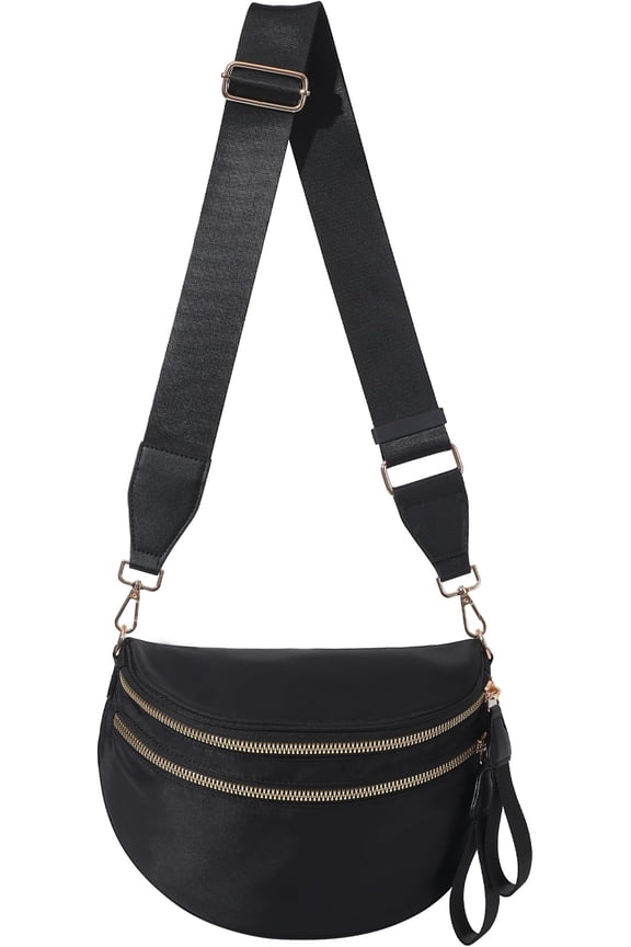 Large Nylon Bum Bag for Women, Roomy Crossbody Fanny Pack with Plus Size Adjustable Strap (Black)