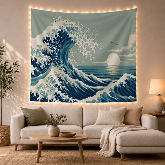 Large Ocean Wave with Foam and Flying Birds, Serene Coastal for Beach Lovers, Nature Inspired Art, Housewarming Gift, Tapestry Wall Hanging for Living Room and Bedroom