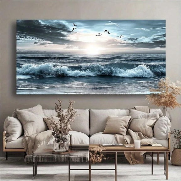 Large Ocean Waves Sunrise Canvas Wall Art, Seascape with Seagulls Poster, Blue Grey Coastal Beach Landscape Painting for Living Room