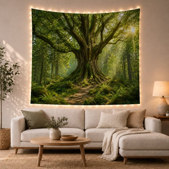 Large Old Tree on Forest Path with Sunlight, Peaceful Rustic for Nature Lovers, Moss and Ferns Art, Housewarming Gift, Tapestry Wall Hanging for Living Room and Bedroom