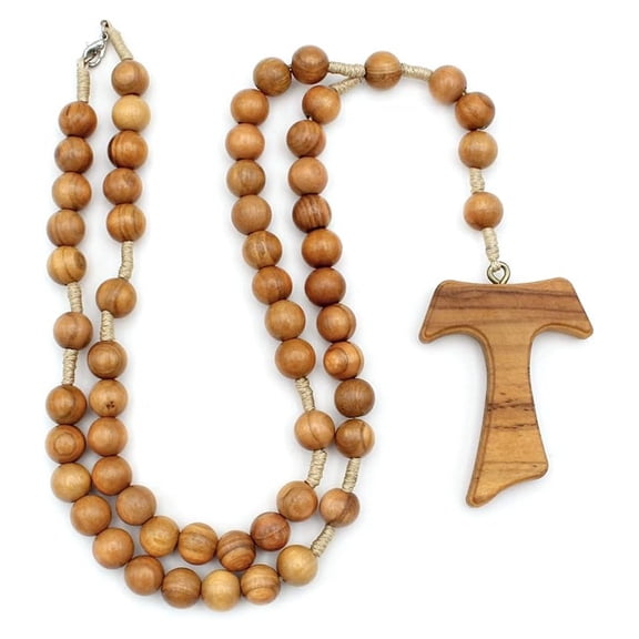 Large Olive Wood Rosary Necklace for Men Tau Cross - Handmade Catholic Wooden Prayer Beads