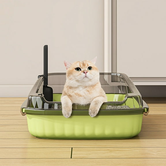 Large Open Cat Litter Box | Anti-Spill High Side Tray | Pet Waste Containment System | Free Scoop Included Litter Solution(Light Green)
