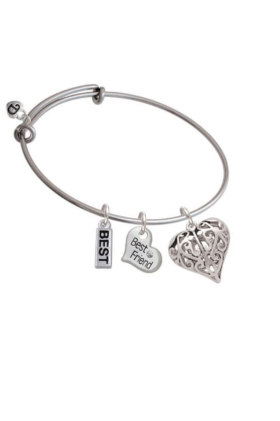 Large Open Filigree Heart Best Friend Heart Expandable Bangle Bracelet