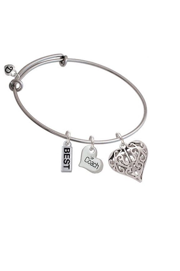 Large Open Filigree Heart Coach Heart Expandable Bangle Bracelet