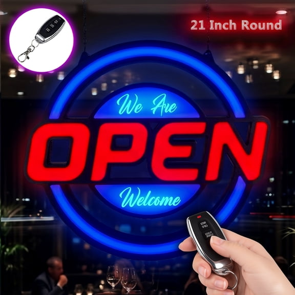 Large Open Sign for Stores - Round Ultra Bright LED Open Neon Sign for Business w/ Key Fob Remote Control - Animated Flashing LED Open Signs, Shop Light ( 21" x 19" Circle, Red & Blue )