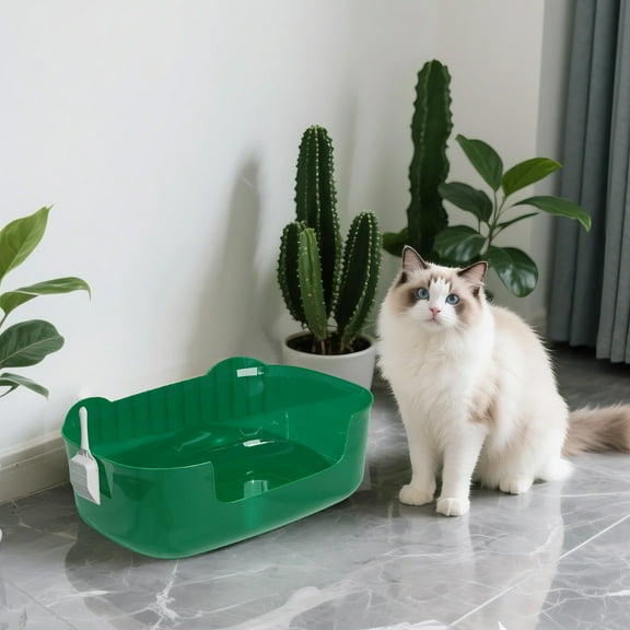 Large Open Top Cat Litter Box | Spill-Proof | 40 x 29 x 14.5 cm | Ideal for Big Cats & Kittens | Easy Clean Plastic Tray with Scoop