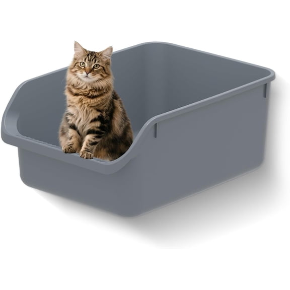 Large Open Top Cat Litter Box with High Sides and Low Entry in Grey