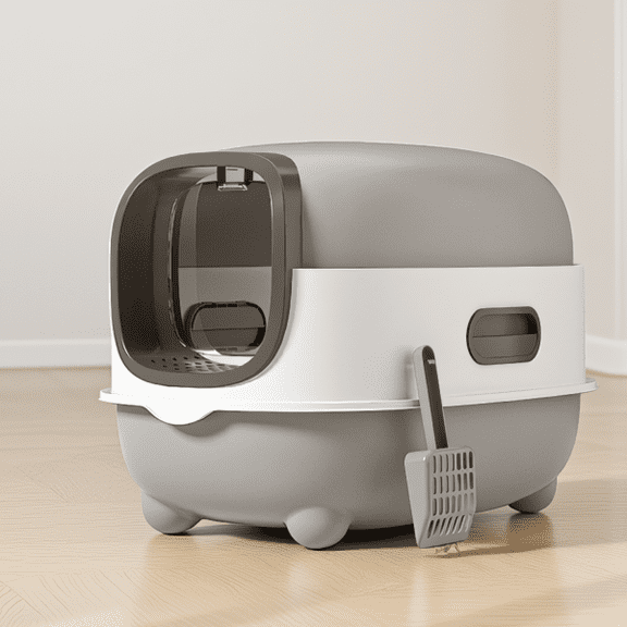 Large Open Top Cat Litter Box with Scoop, Easy Access Open Design for Cats, Gray