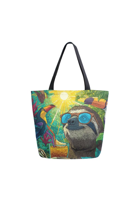 Large Opening Canvas Tote Bag Thickened Canvas Shopping Bag Commuter Handbag Multi-color Available Cute Sloth and Toucans